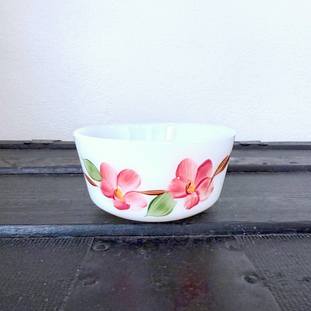 Vintage Fire King Peach Blossom Custard Bowls Set 2 Anchor Hocking Milk Glass